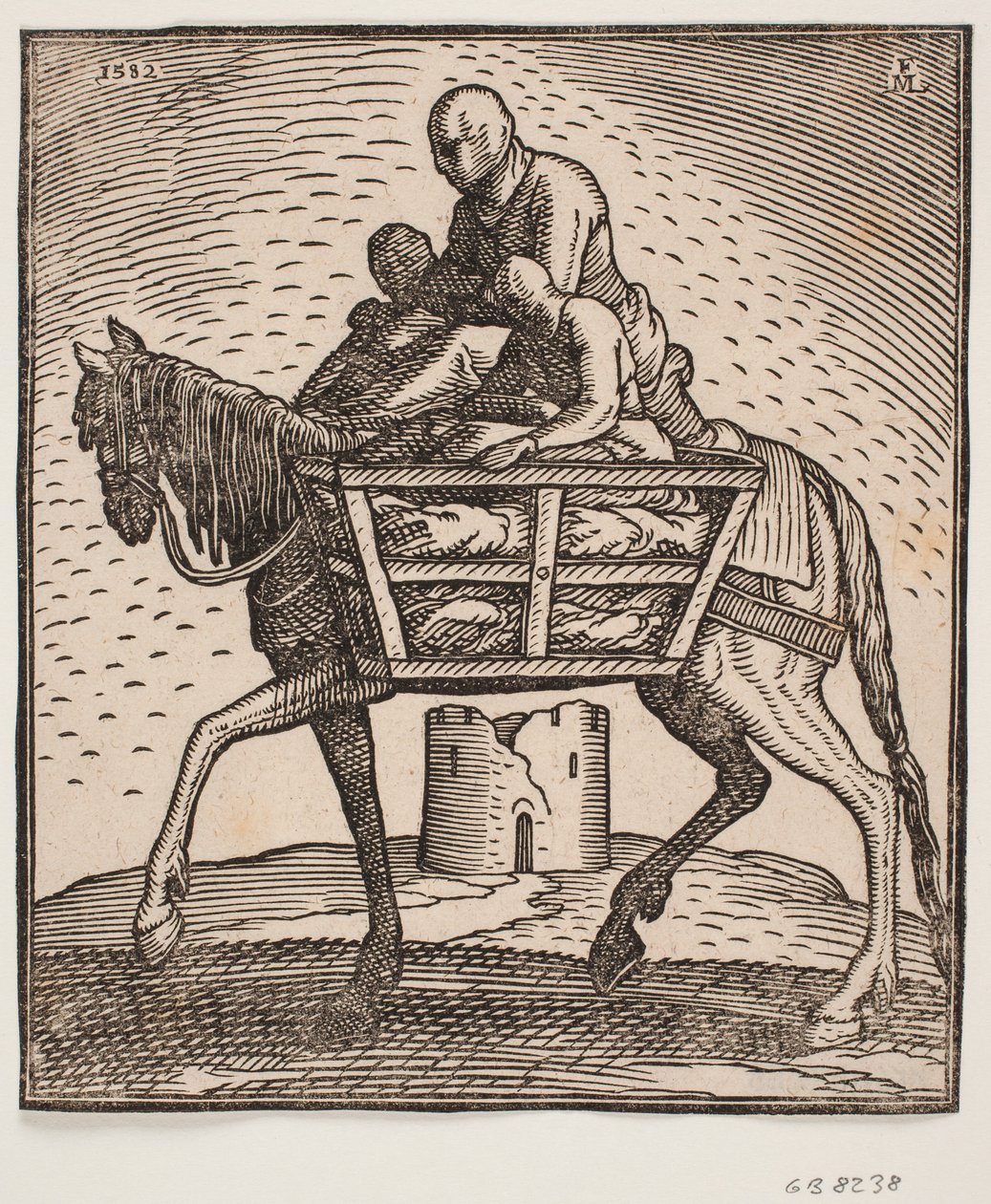 Cavalier avec capuche tirée sur le visage; de chaque côté du cheval une cage à barreaux contenant une personne; profil vers la gauche; sous le cheval, une tour cylindrique en ruine - Melchior Lorck
