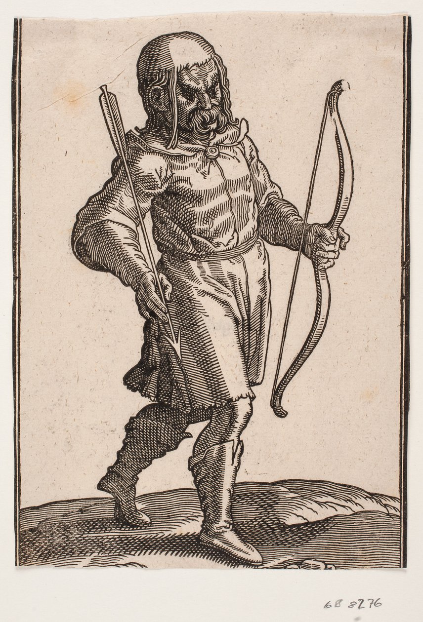 Soldat marchant vers la droite; bottes et tenue courte; tenant un arc dans la main gauche et une flèche dans la main droite - Melchior Lorck