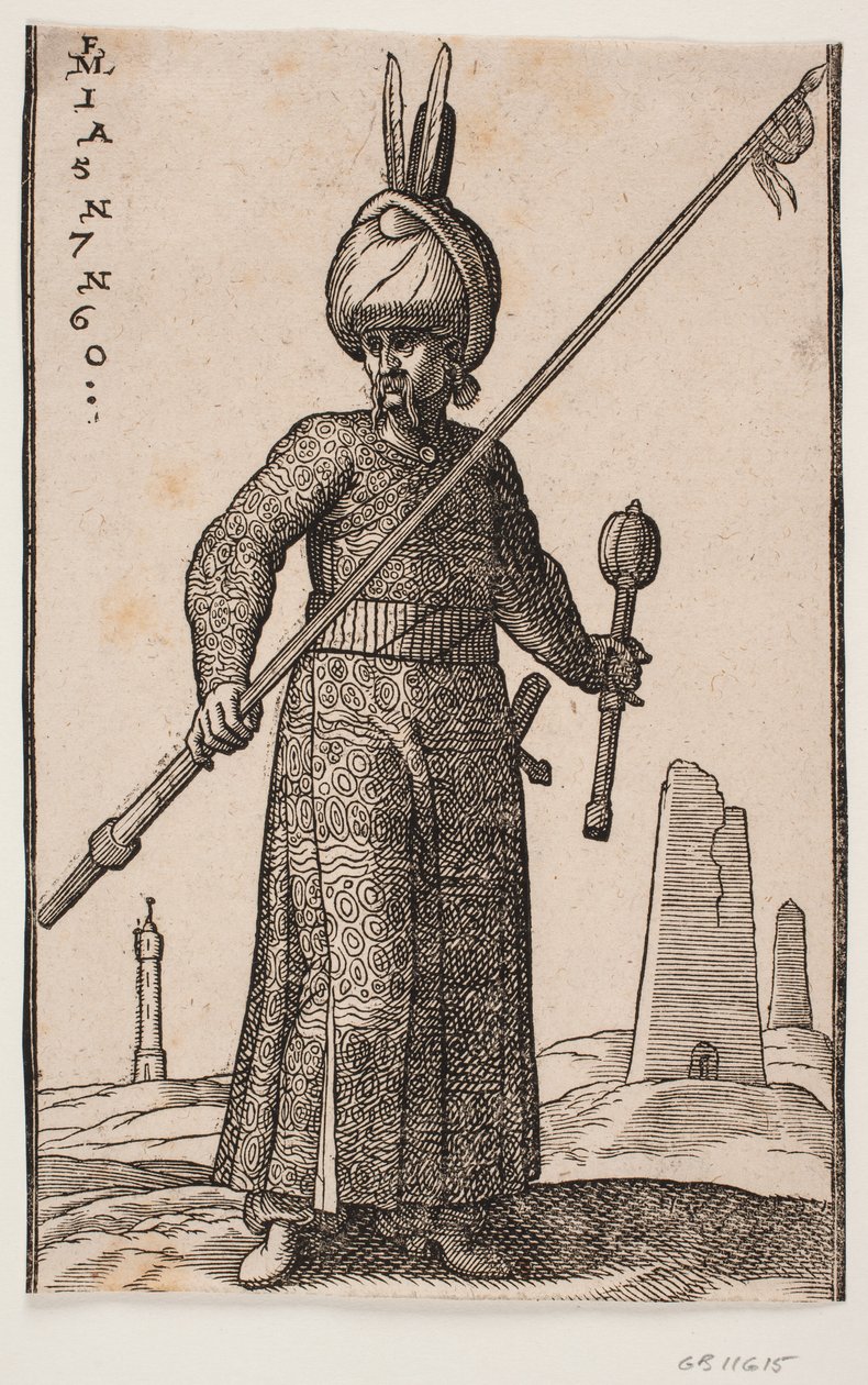 Soldat debout, vu de face; dans sa main droite, une lance avec un fanion à la pointe; dans sa main gauche, une massue; sur sa tête, un turban avec deux plumes; dans le paysage, un "phare" et quelques bâtiments en forme d
