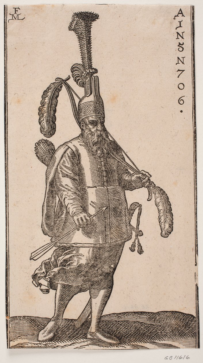 Soldat debout, tourné vers la droite; coiffure avec une très haute plume droite; dans la main gauche, un arc avec de grandes plumes aux deux extrémités; dans la main droite, une flèche; sur son dos, un carquois et à son côté, une épée - Melchior Lorck