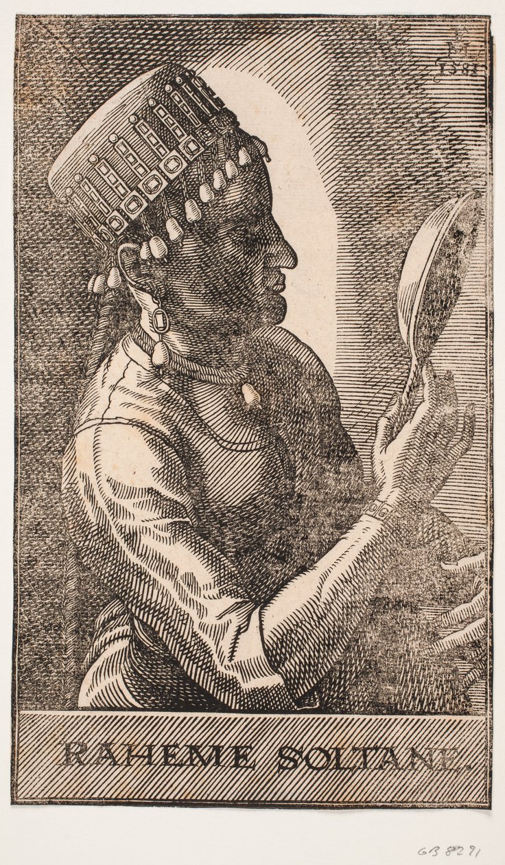 Portrait de sultane, se mirant, profil vers la droite : RAHEME SOLTANE - Melchior Lorck