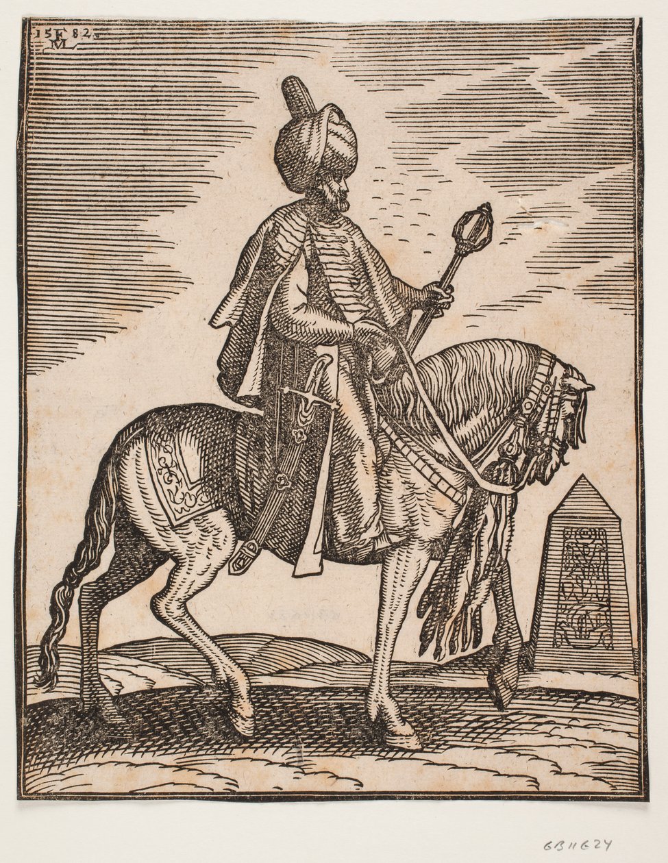 Cavalier en turban avec une épée à sa droite et une massue de guerre dans sa main gauche, profil vers la droite; en arrière-plan, un obélisque - Melchior Lorck