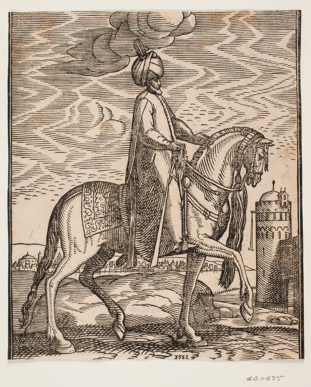 Cavalier en turban, avec une massue pendue au côté droit du cheval; profil vers la droite; sur le côté droit de l