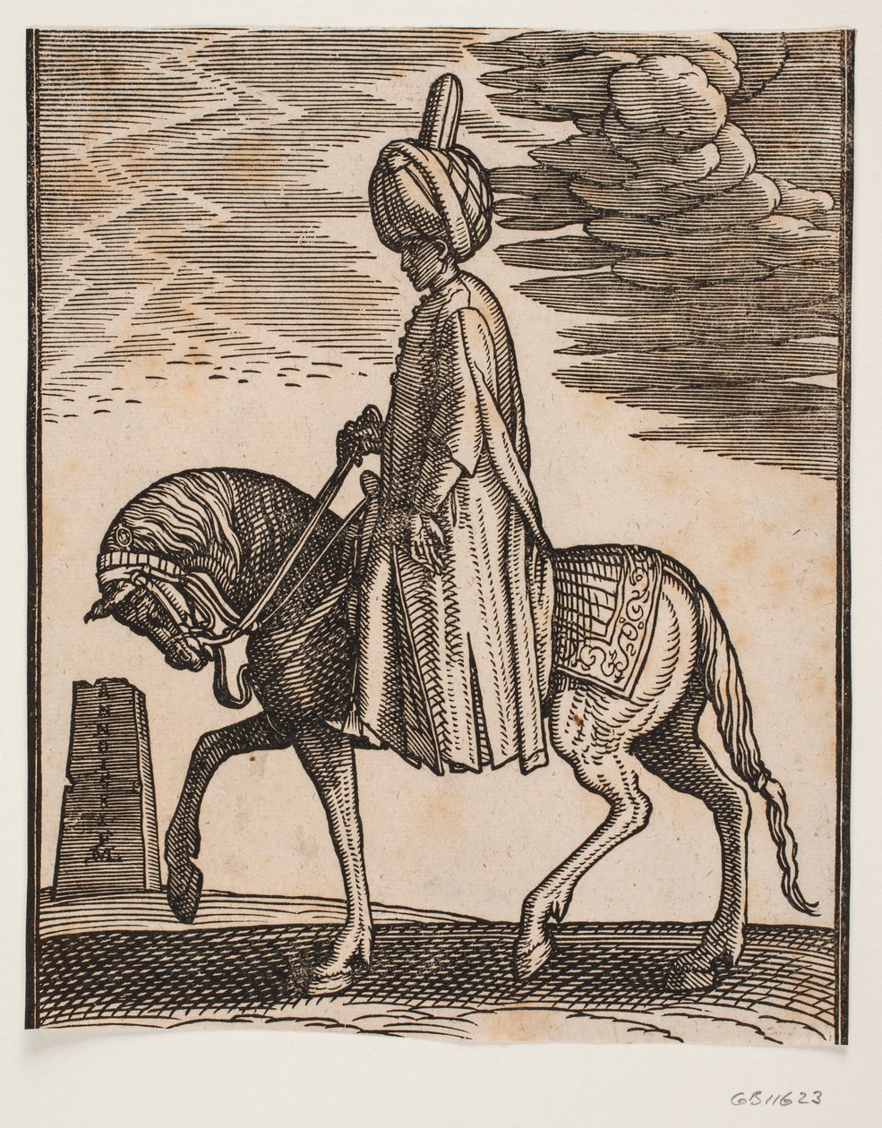 Cavalier sans arme portant un turban, profil vers la gauche; devant le cheval, un obélisque en ruines - Melchior Lorck