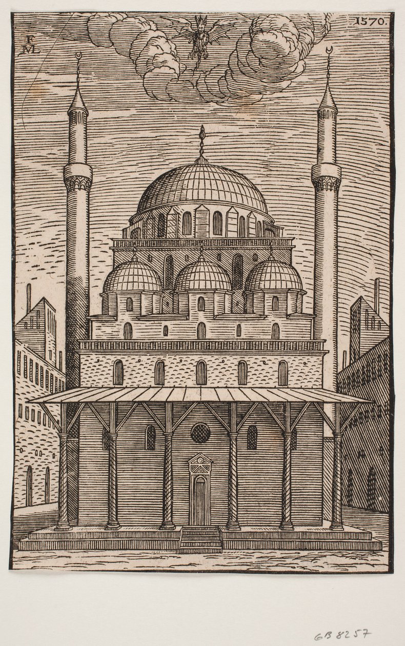 Mosquée non identifiée avec un diable en forme de dragon planant au-dessus - Melchior Lorck