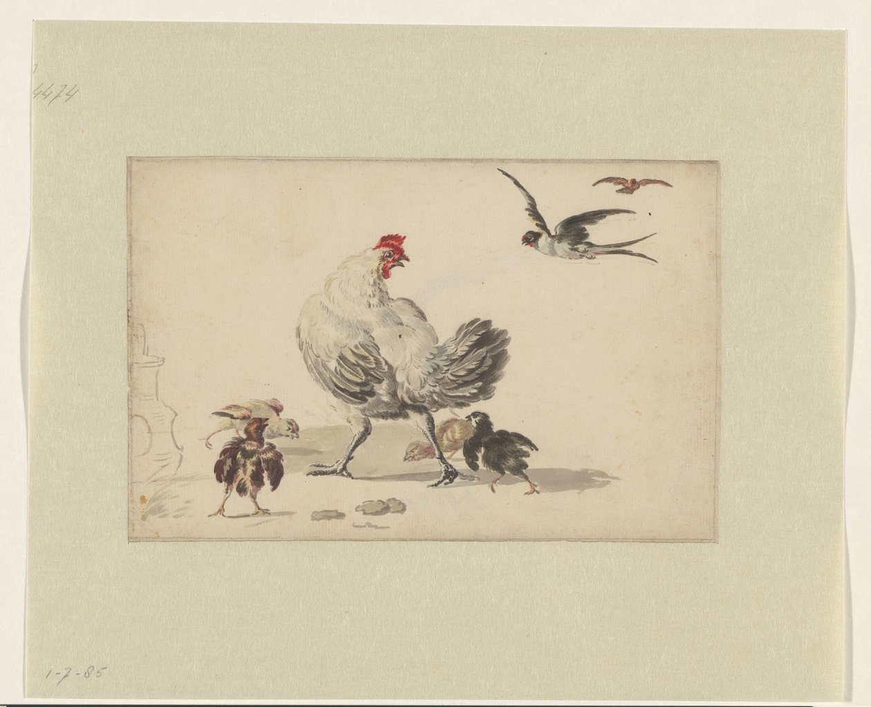 Deux hirondelles et une poule avec quatre poussins - Melchior d