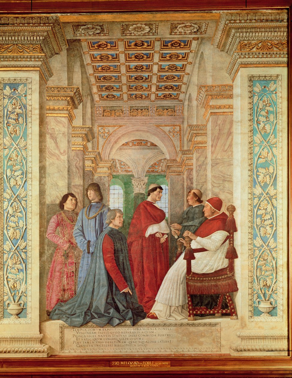 Le pape Sixte IV installe Bartolommeo Platina comme directeur de la bibliothèque du Vatican, c. 1477 - Melozzo da Forli