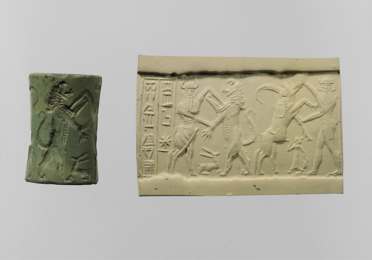 Sceau cylindrique de combat avec impression moderne vers 2250-2150 av. J.-C. (albite) - Mesopotamian Mesopotamian