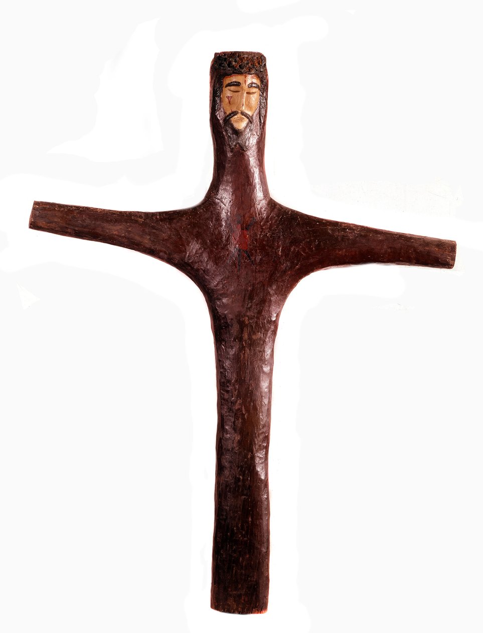 Art mexicain : croix en bois polychrome avec tête du Christ - Mexican School