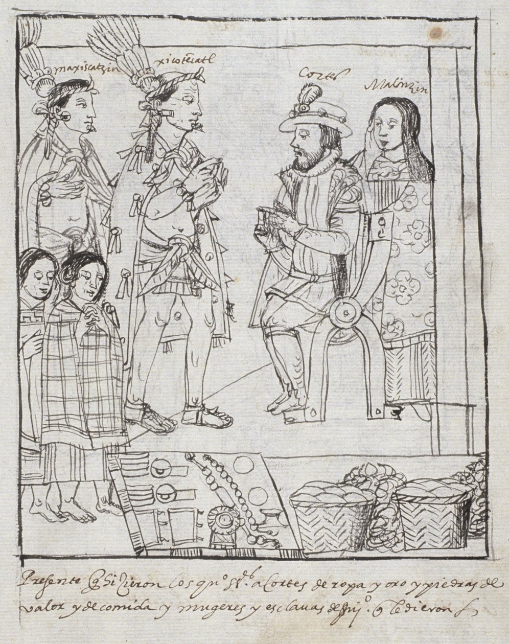 Montezuma rencontre Cortez, de Historia de Tlaxcala par Diego Muñoz Camargo - Mexican School