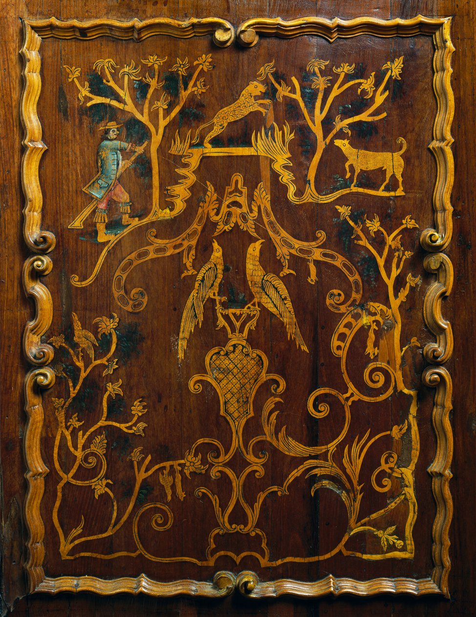 Armoire en bois de style rococo avec incrustations polychromes et base, période coloniale - Mexican School
