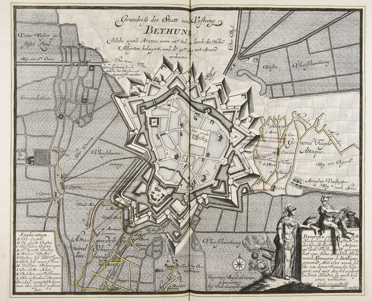 Plan de la ville et forteresse de Béthune, qui a été détruite en 1710, du 14e. Le 30 juillet, elle a été assiégée par les Hauts Alliés. Ingénieur Meyer ad vivum delineavit. - Meyer