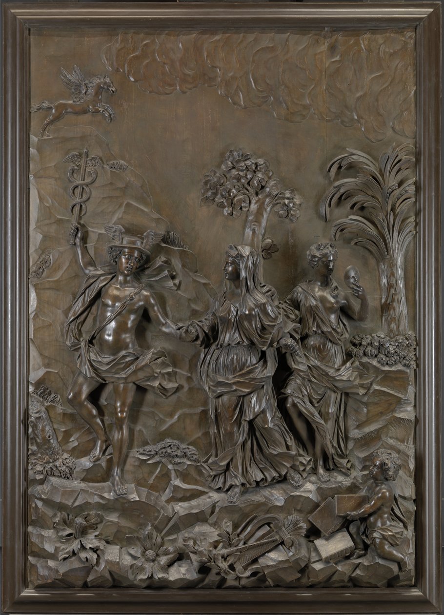 Les Reliefs de Stowe : Mercure conduisant la Poésie Tragique et Comique à la Colline de Parnasse, c.1740 (bois de tilleul bronzé) - Michael (attr.to) Chuke