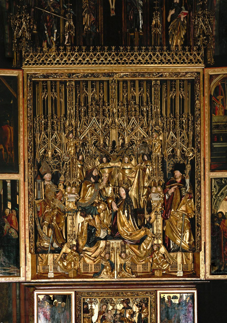 Autel de saint Wolfgang, châsse : Couronnement de sainte Marie agenouillée devant le Christ-Roi, le Saint-Esprit planant au-dessus. - Michael Pacher