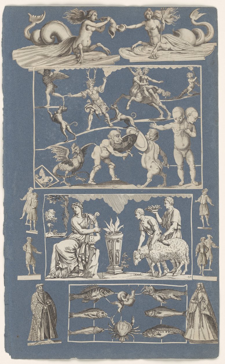 Collage de gravures découpées collées sur une feuille d