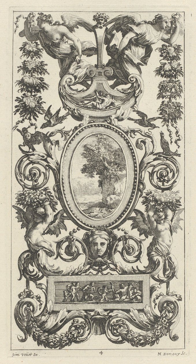 Panneau ornemental avec Pan et deux femmes portant des guirlandes - Michel Dorigny, after Simon Vouet