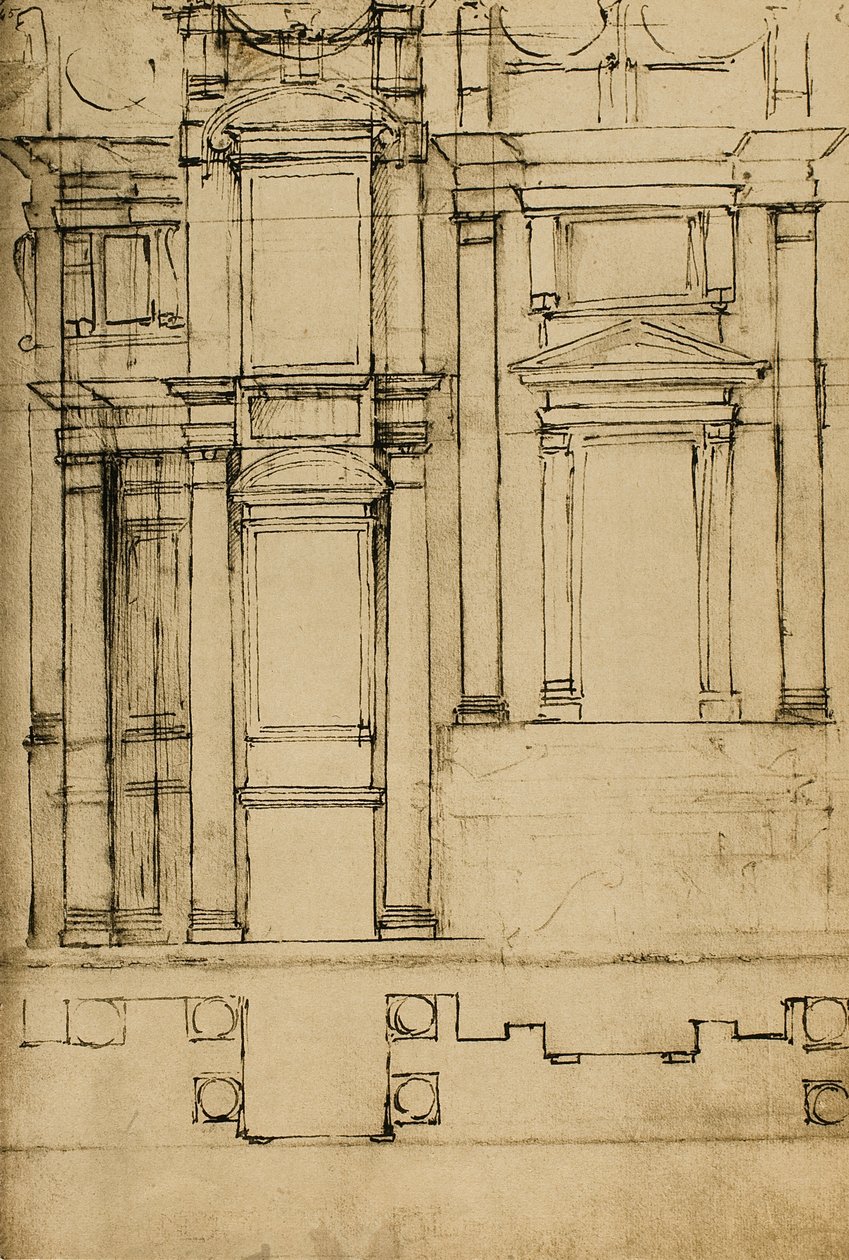 Étude architectonique pour les chapelles Médicis dans la basilique de San Lorenzo; dessin de Michel-Ange. Casa Buonarroti, Florence - Michelangelo Buonarroti