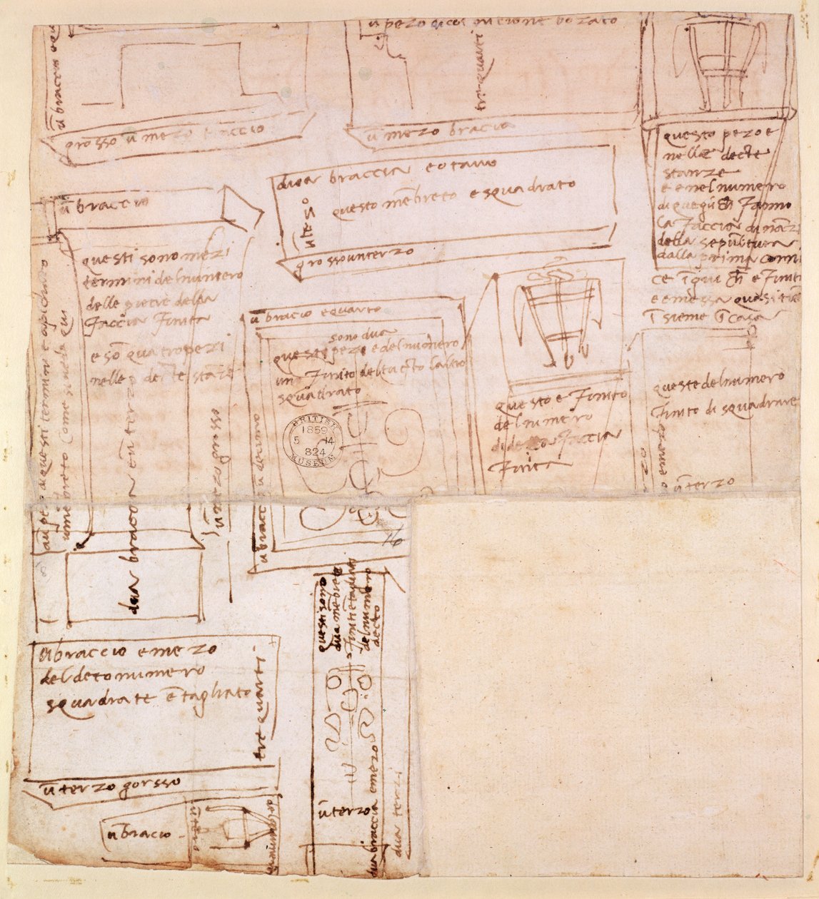 Esquisse de blocs de marbre pour statues avec notes (verso) - Michelangelo Buonarroti