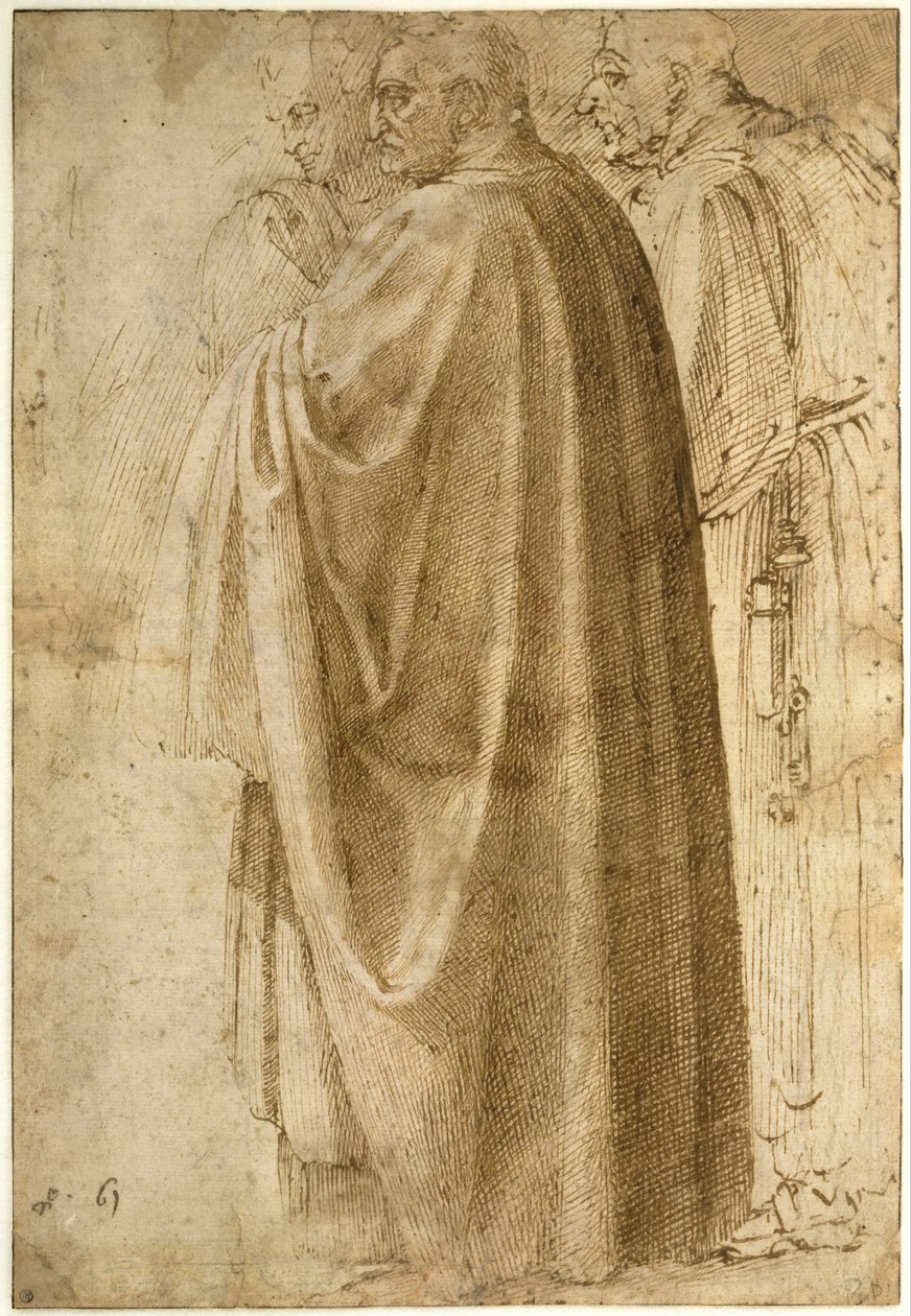 Trois hommes debout en larges manteaux - Michelangelo Buonarroti