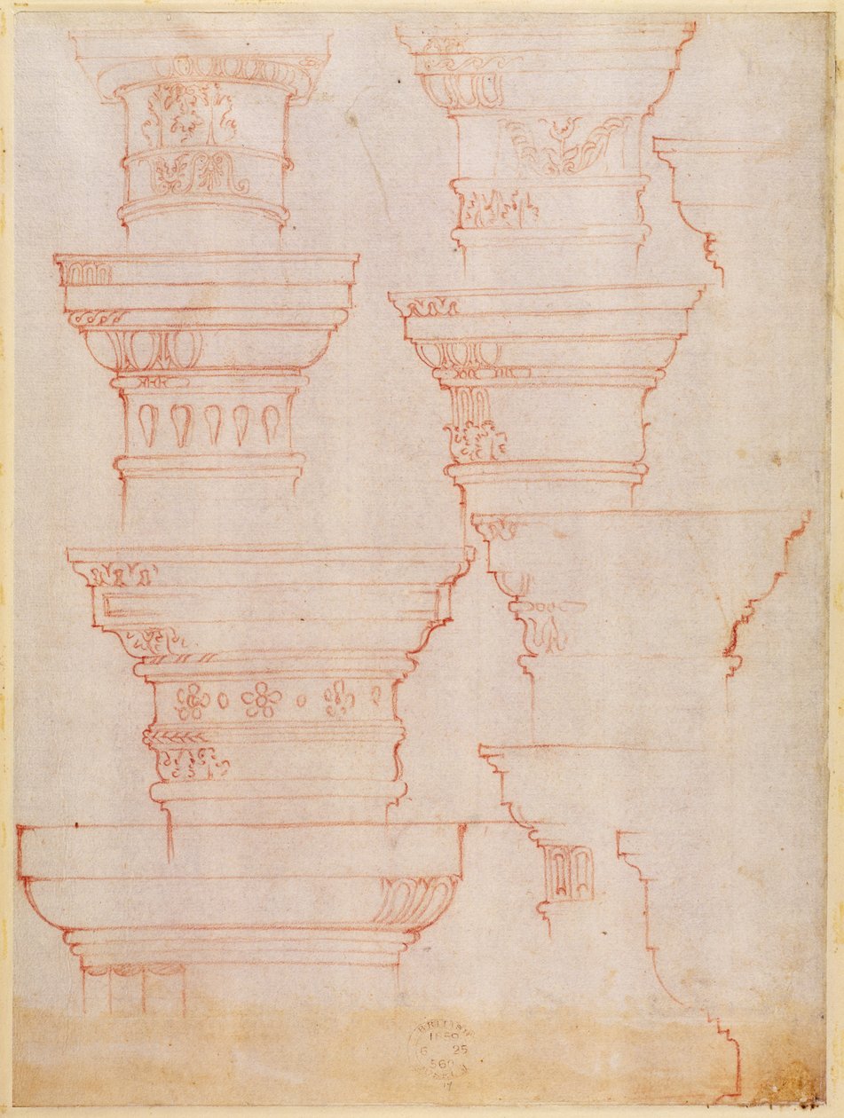 Étude de chapiteaux de colonnes (crayon de couleur) - Michelangelo Buonarroti