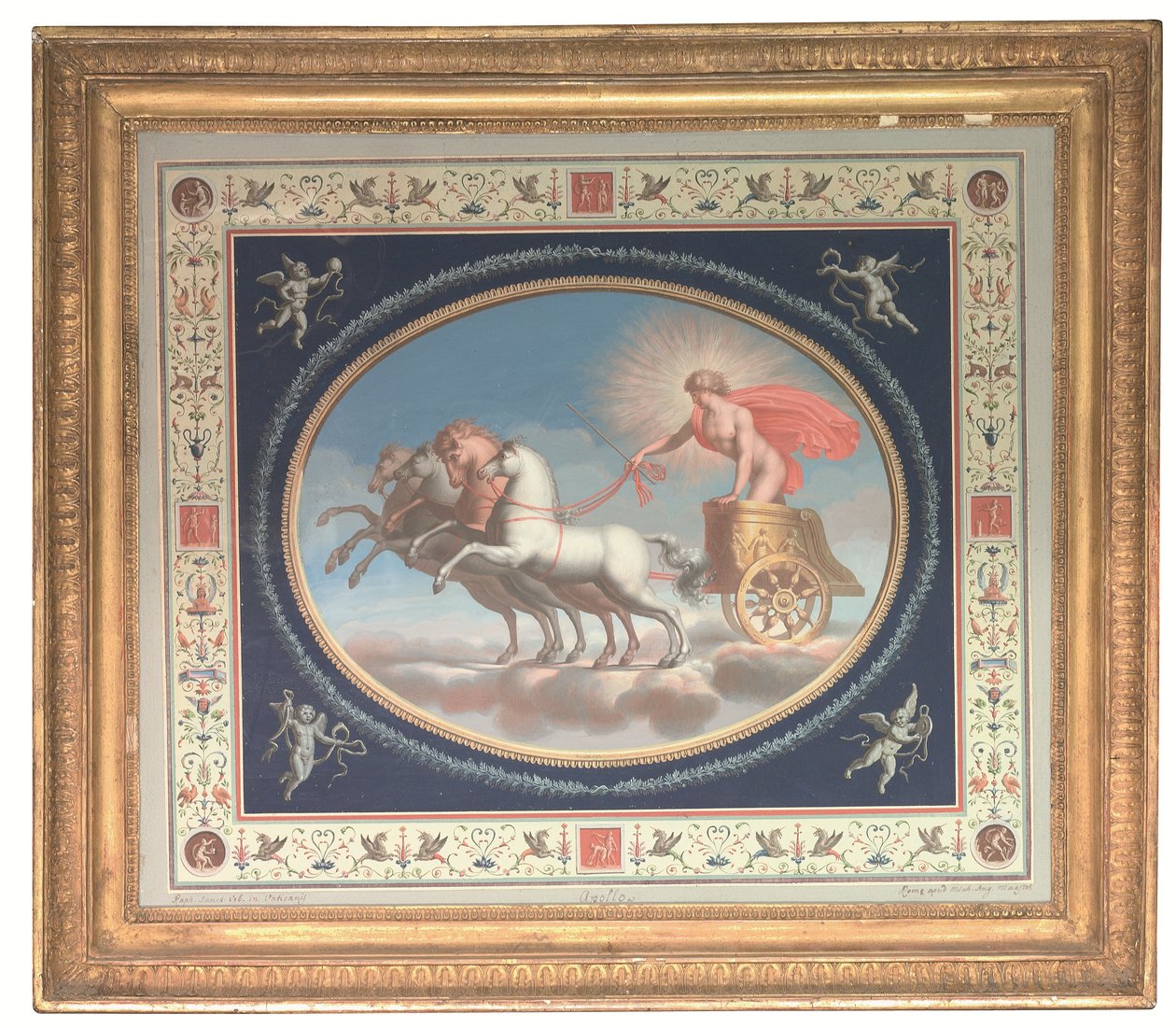 Un des quatre panneaux décoratifs représentant Apollon, Mars, Vénus et Mercure dans des chars, entourés de grotesques pompéiens (aquarelle sur papier). - Michelangelo (studio of) Maestri