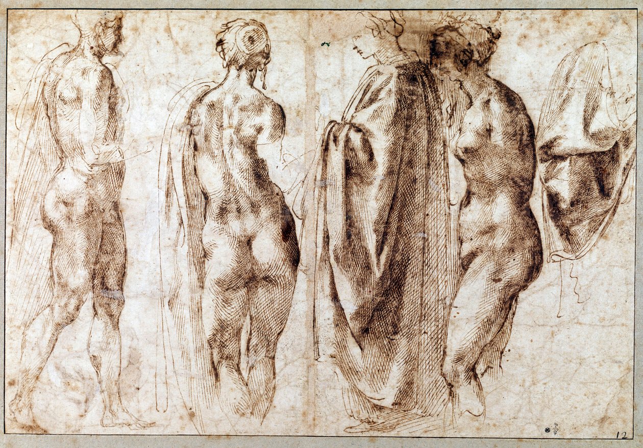 Groupe de quatre figures debout et un drapé Dessin à la plume de Michel-Ange (Michelangelo) - Michelangelo Buonarroti