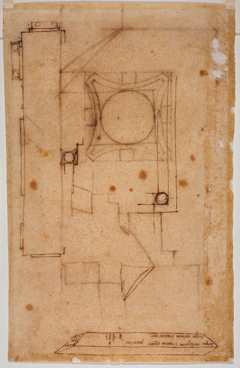Section de chapiteau, plan de façade et croquis avec annotations autographes des mesures - Michelangelo Buonarroti