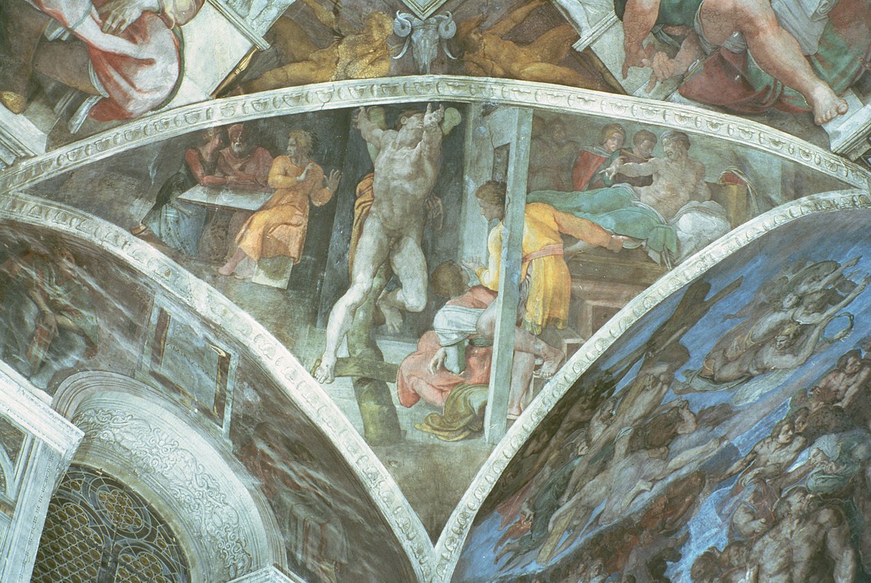 Plafond de la Chapelle Sixtine : Haman (pendentif) (avant restauration) - Michelangelo Buonarroti
