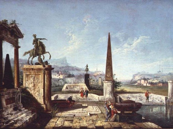 Un caprice de monuments classiques, un obélisque avec des soldats près d