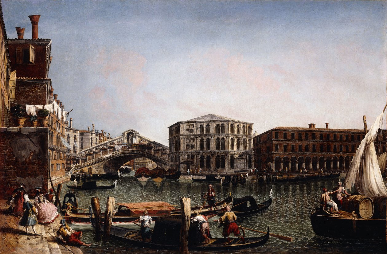 Le pont du Rialto, Venise avec le Fondaco dei Tedeschi au premier plan - Michele Marieschi
