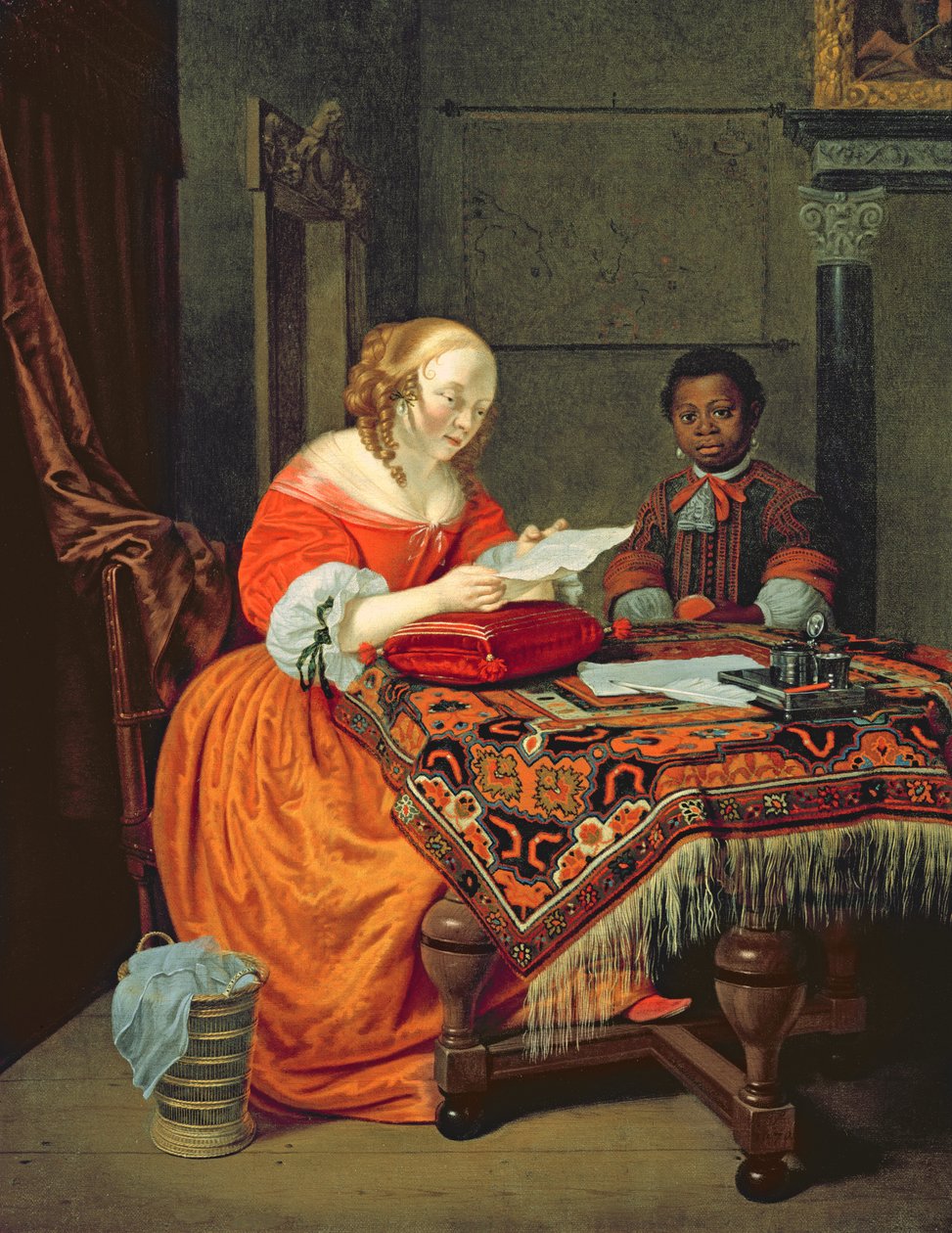 Une femme lisant une lettre avec un serviteur noir, 1670 - Michiel van Musscher