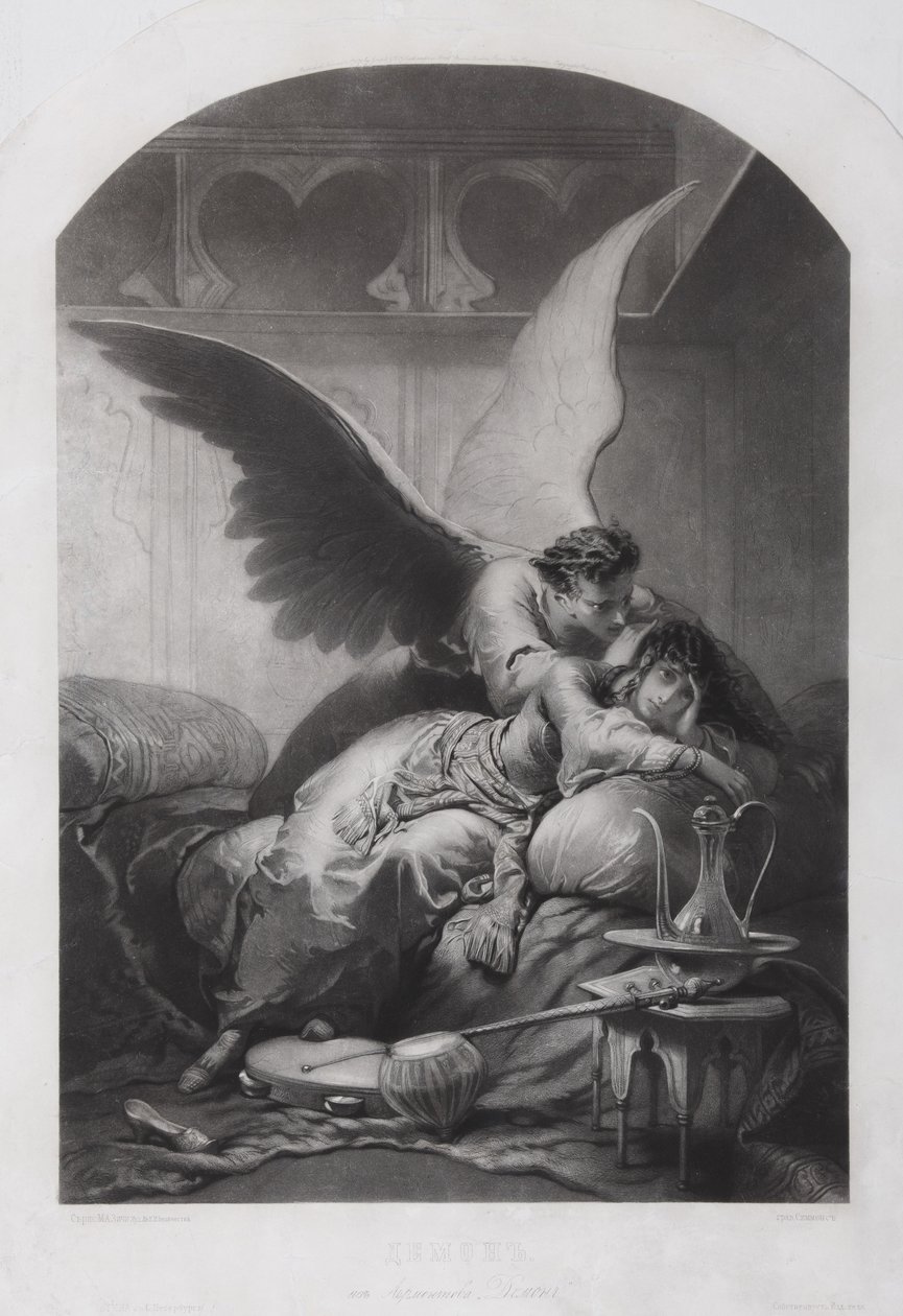 Tamara et Démon. Illustration du poème Le Démon de Mikhaïl Lermontov, vers 1880 - Mihaly von Zichy