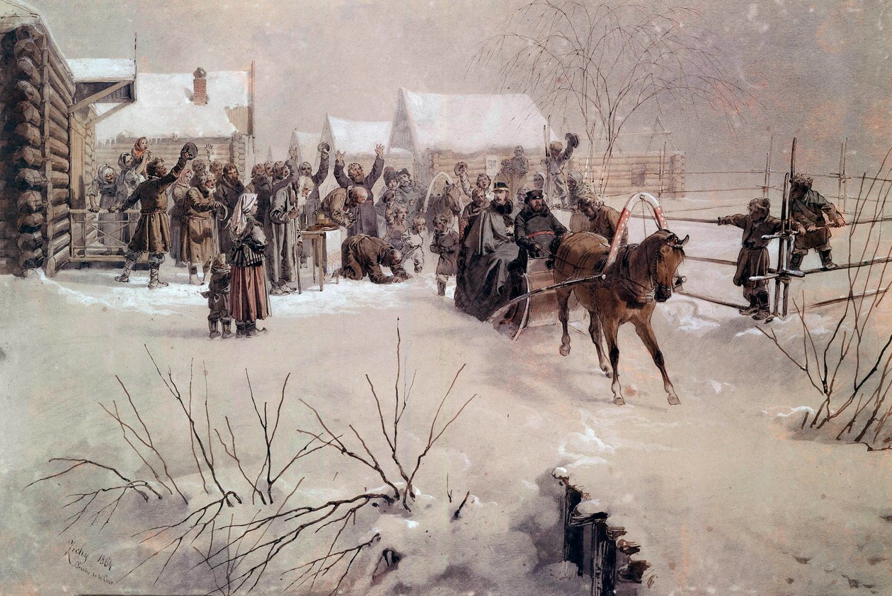 Tsar Alexandre II dans un traîneau traversant un village sous la neige - Mihaly von Zichy