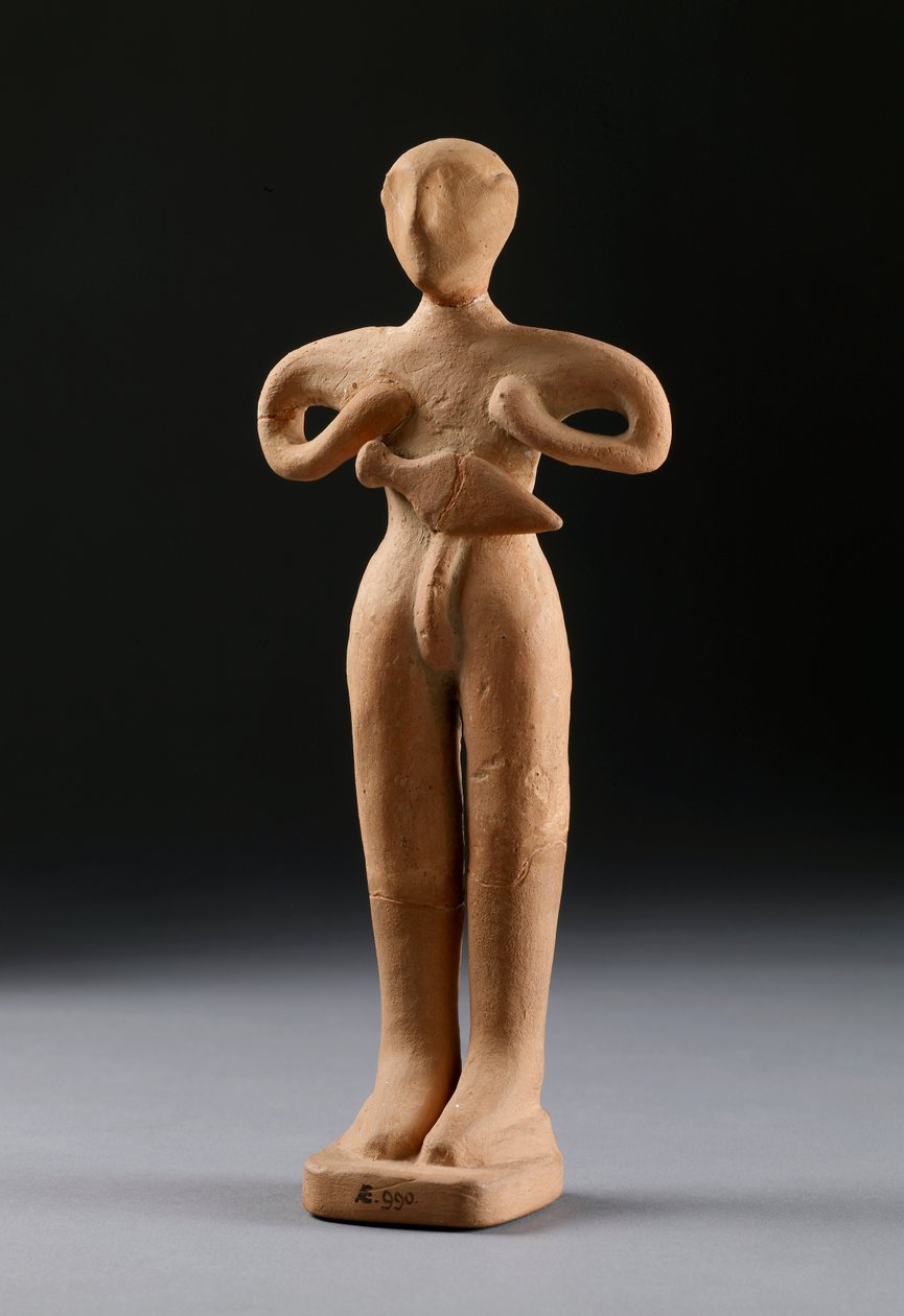 Double hache et deux figurines de Knossos, fin minoen, vers 1500 av. J.-C. (terre cuite) - Minoan
