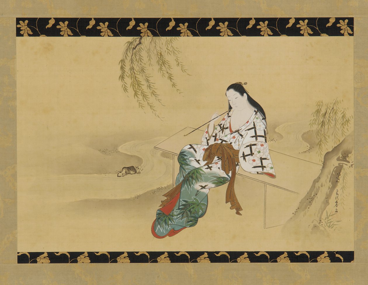 Paysage : une yujo assise sur un banc - Miyagawa Chōshun