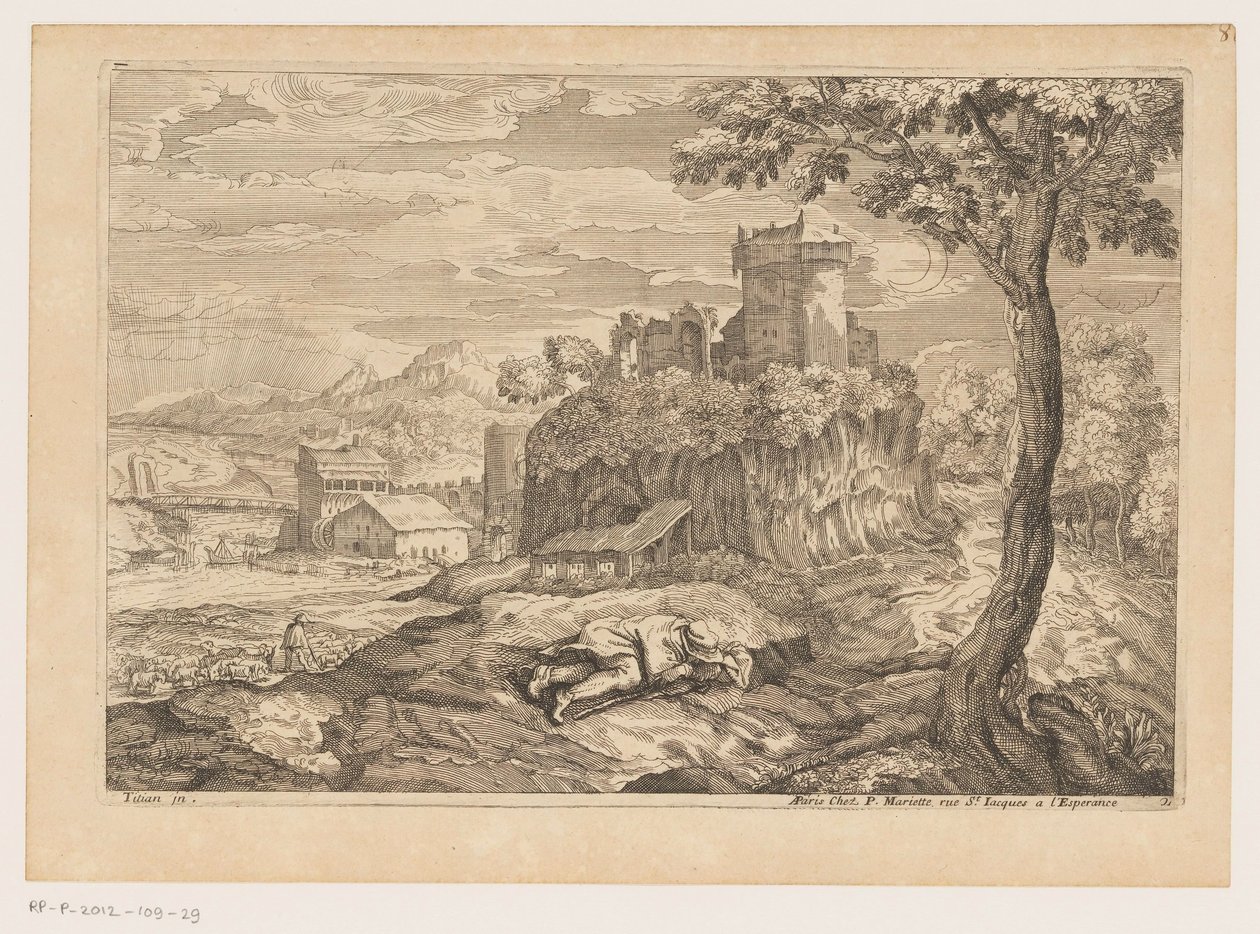 Paysage avec berger au repos, rivière avec pont et moulin à eau en arrière-plan (Paysages d
