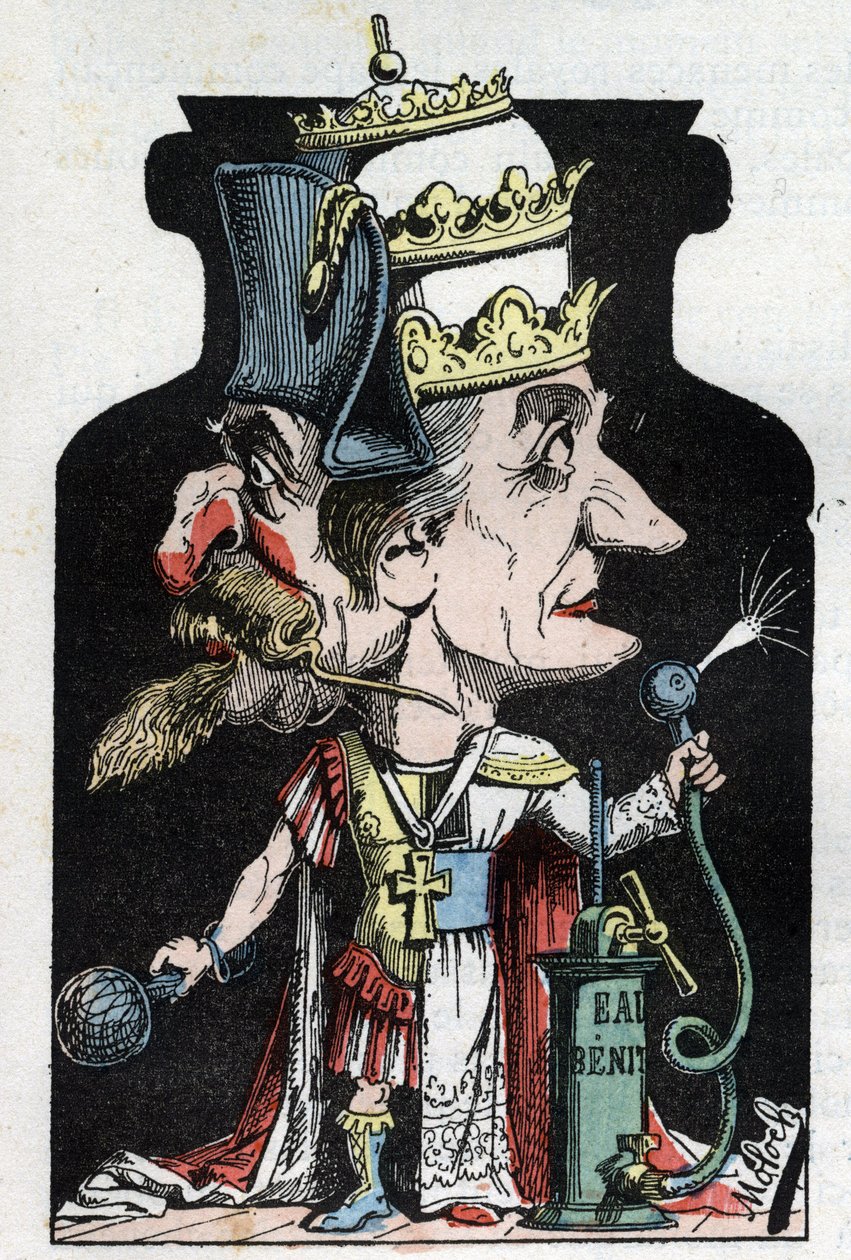 Allégorie du Concordat (signé entre Pie VII et Bonaparte) de 1801 représentée par Moloch comme un dispositif de compression avec Napoléon III et le Pape - Moloch