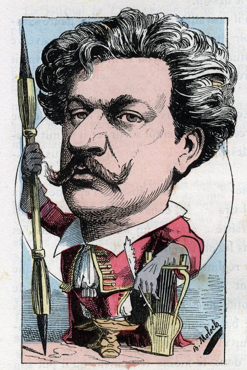 Portrait de Louis Alexandre Gosset de Guines dit André Gill (1840-1885) poète peintre français dans « Le Trombinoscope » par Touchatout, caricature de B. Moloch de 1882 (1849-1909). Collection privée. - Moloch
