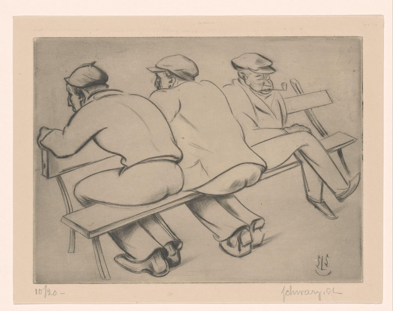 Trois hommes sur un banc - Mommie Schwarz (signed by artist)