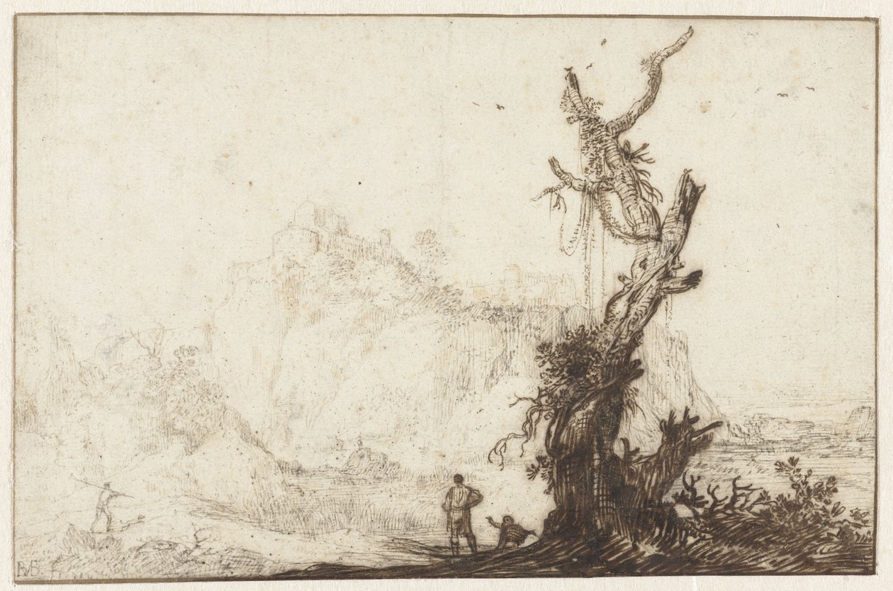 Paysage montagneux avec un arbre nu au premier plan - Monogrammist BVB
