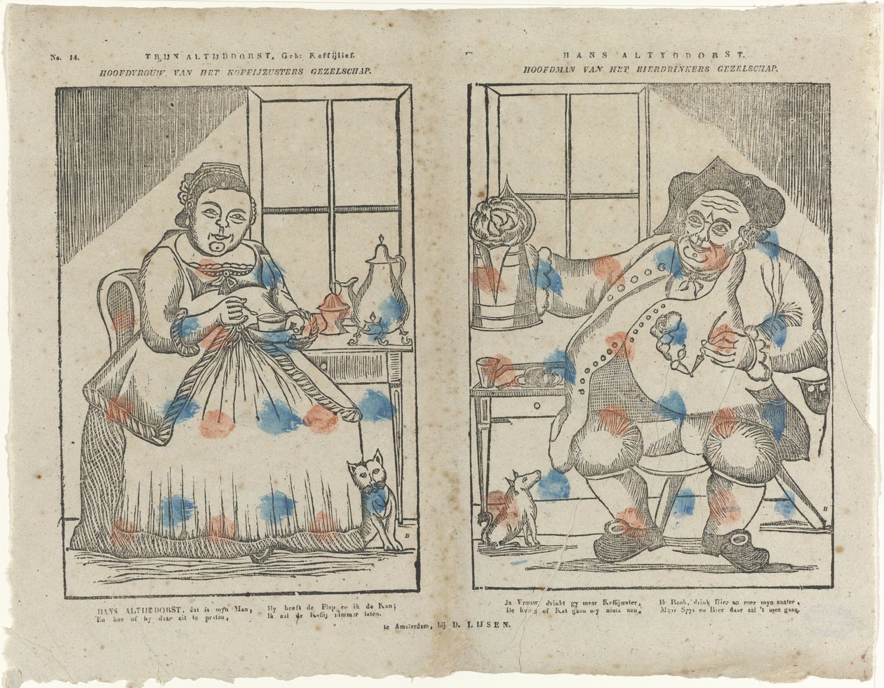 Trijn Antijddorst, Geb: Koffijlief. / Chef des sœurs du café. / Hans Altyddorst. / Chef des buveurs de bière - Monogrammist B (prentmaker)