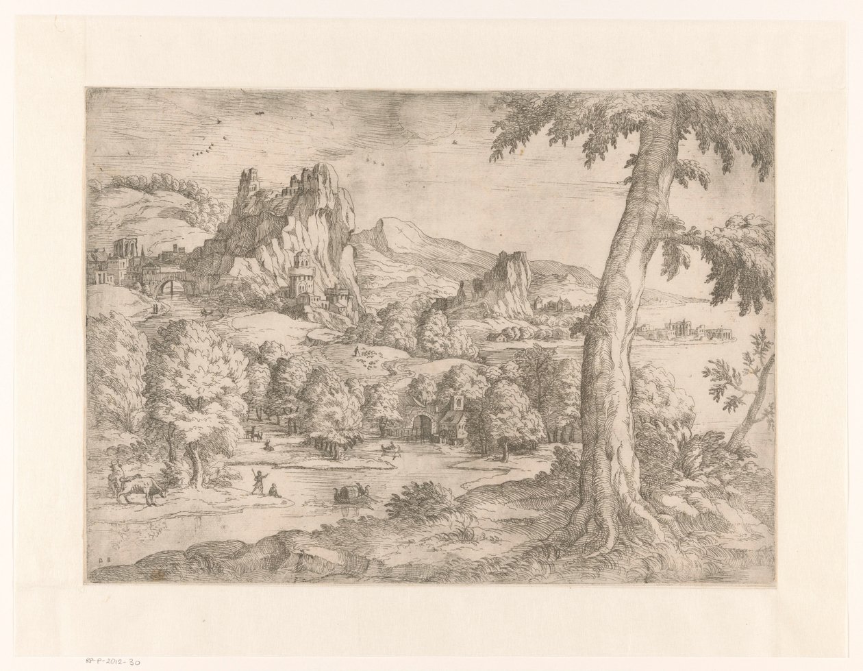 Paysage panoramique avec grand arbre - Monogrammist DB (etser 16de eeuw)