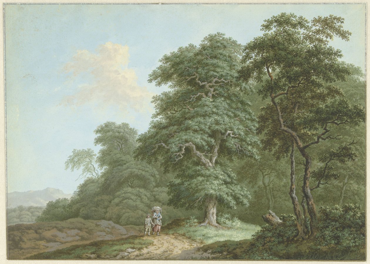Paysage avec femme et petit garçon sur un chemin de campagne - Monogrammist FWH (possibly)