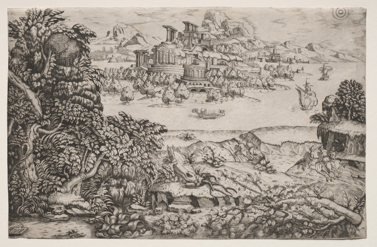 Paysage avec un temple au-dessus d