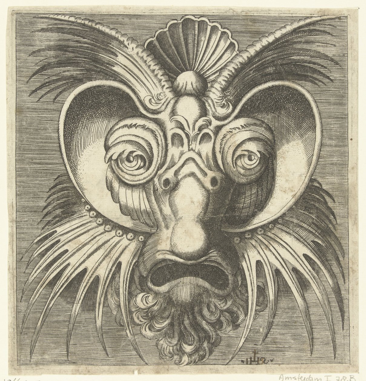 Masque avec assiettes autour des yeux et crêtes dentelées sur les joues et le front - Monogrammist IHS