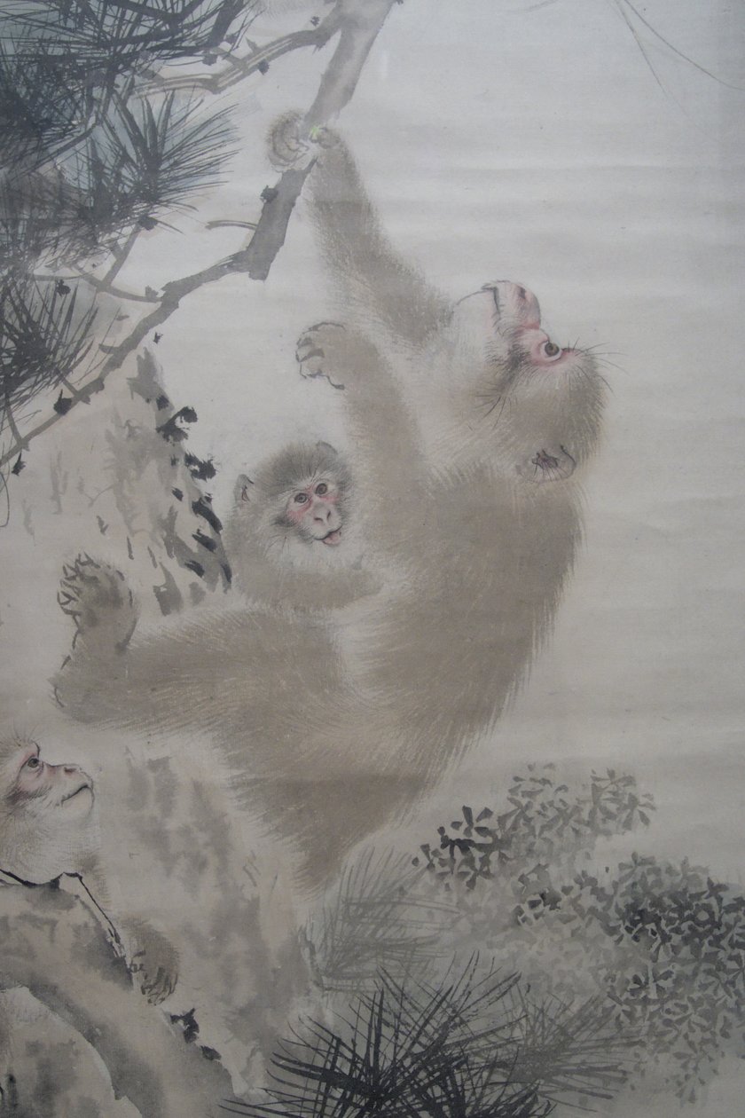 Mori Sosen, singes dans les pins devant une cascade - Mori Sosen