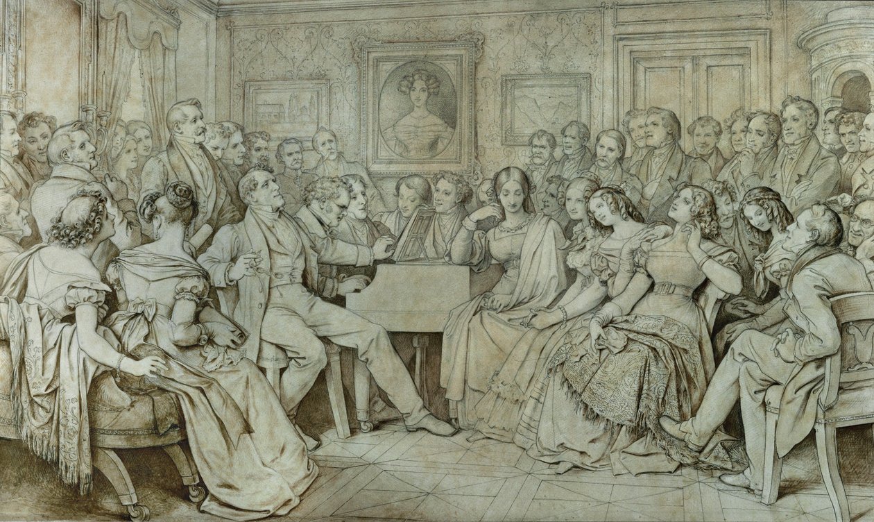 Une soirée chez le baron Spaun, Schubert au piano, le ténor Johann Michael Vogl chantant ... (encre, sépia) - Moritz Ludwig von Schwind