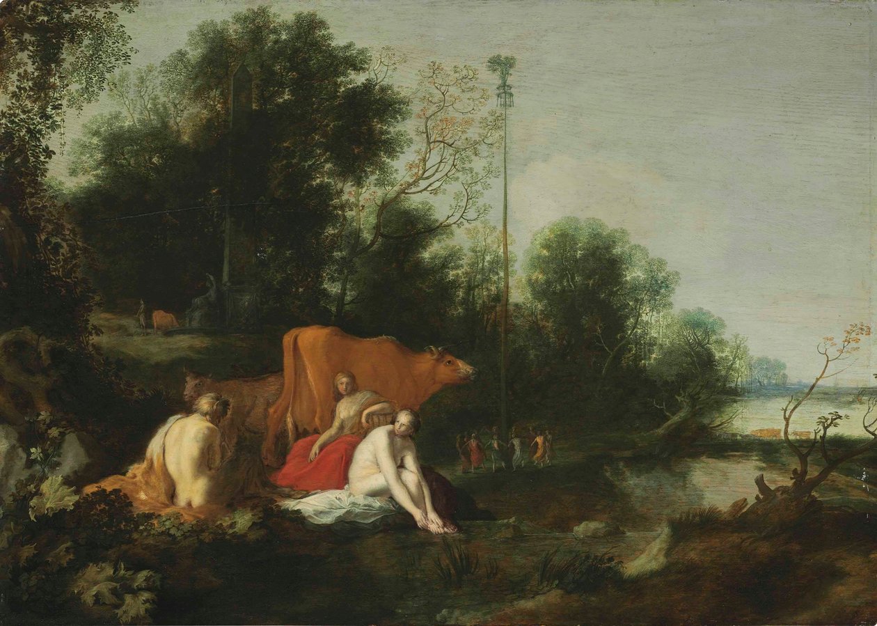 Allemand : Pan und Nymphen beim Baden Paysage avec satyre, nymphes et bétail - Moses van Uyttenbroeck