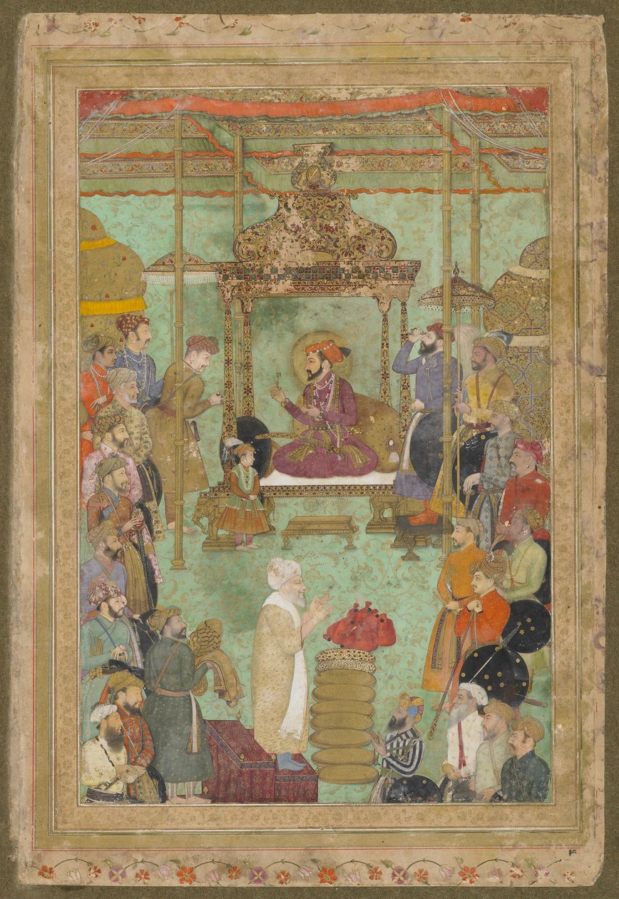 Shah Jahan sur le trône avec Mahabat Khan et un Shaykh, du défunt Album Shah Jahan, folio manuscrit détaché, 1629-1630 - Mughal School