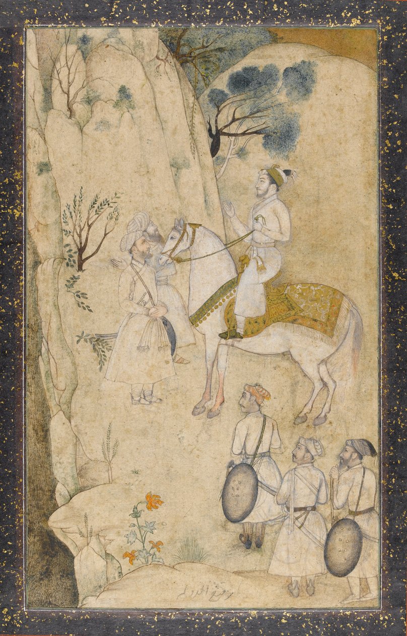 Un prince à cheval, avec cinq serviteurs, regardant une cascade - Mughal School